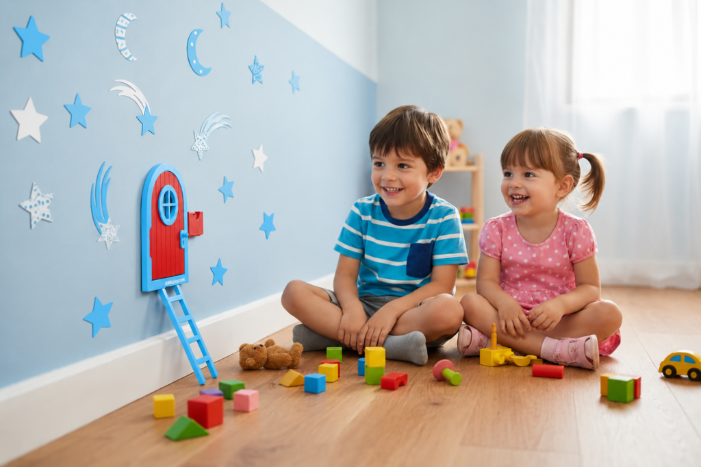 Niños observando la Puertita Mágica roja y azul en su habitación